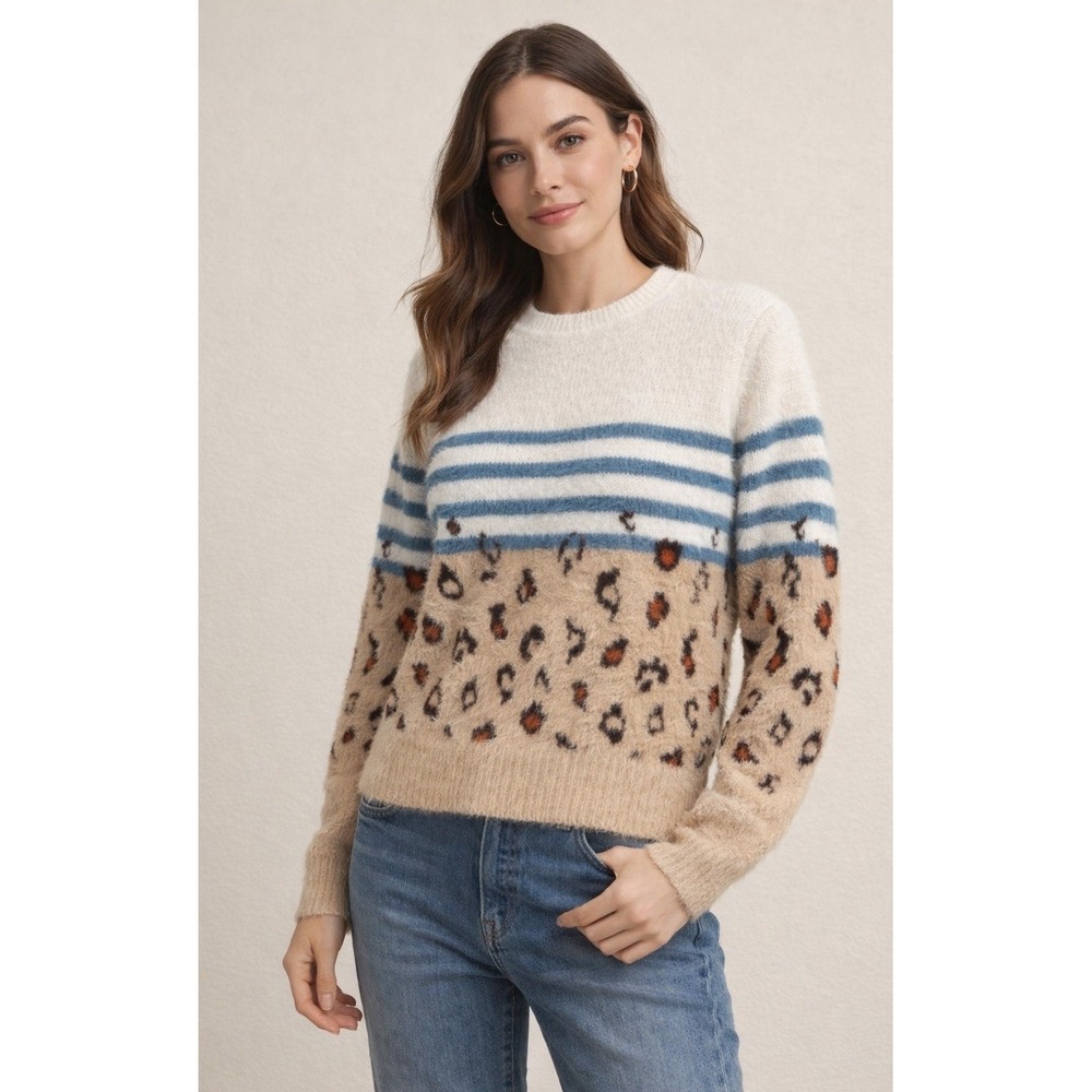 Cupcakes and Cashmere Leopard Stripe Eyelash Knit SweaterTan Blue‎ Medium